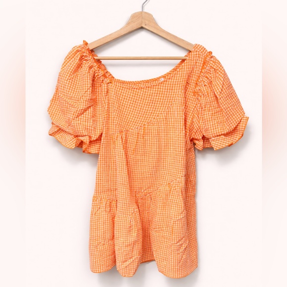 Women’s Orange Gingham Asymmetrical Puff-Sleeve Dress - Picture 4 of 4